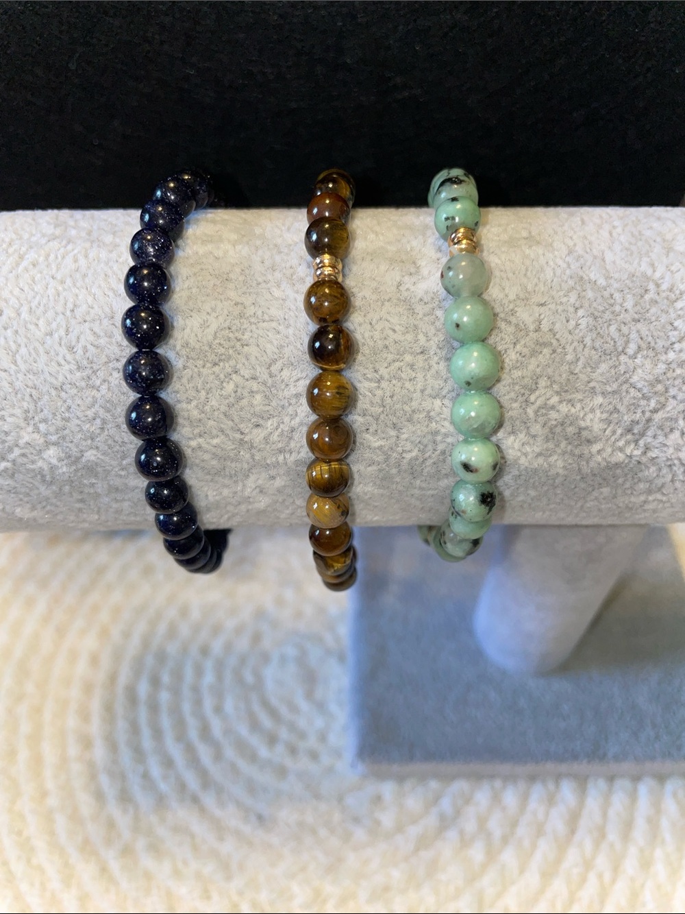 Natural Stone Beaded Bracelet - Spotted Green Jade, Tiger Eye & Druzy Azurite